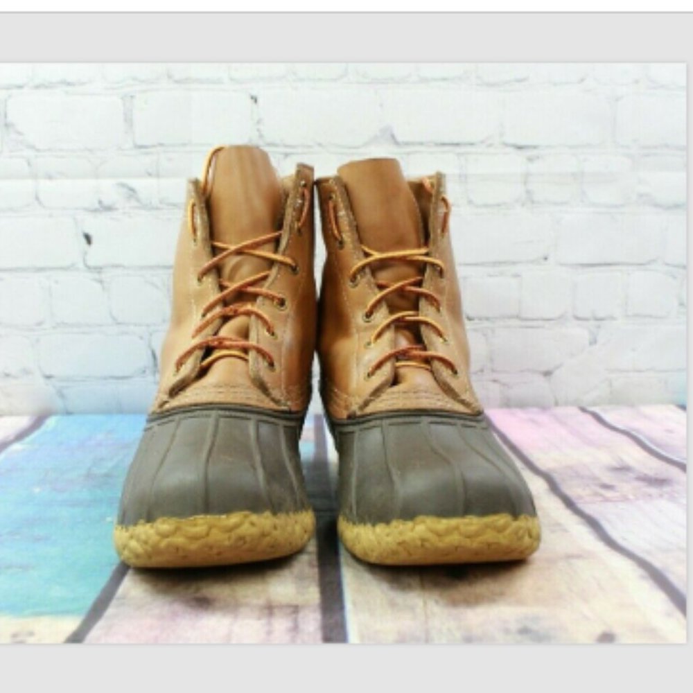 LL Bean Unlined Brown Leather Rubber Lace-up Rain Duck Boots Size M 7 L 9 - Picture 4 of 7